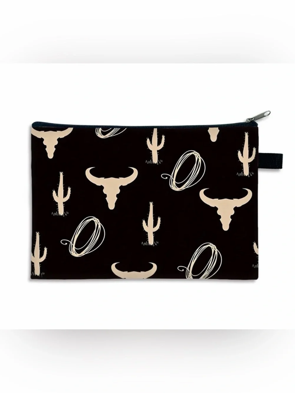 Western Rodeo Print Zip Pouch - Black & Cream Longhorn Pouch Cosmetic Bag